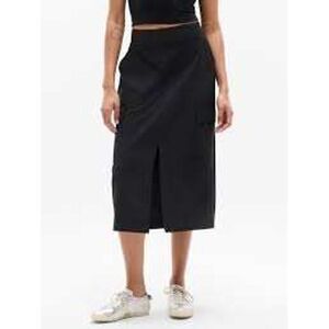 Athleta Black Cargo Midi Skirt High Rise Front Slit Utility Travel Size 12